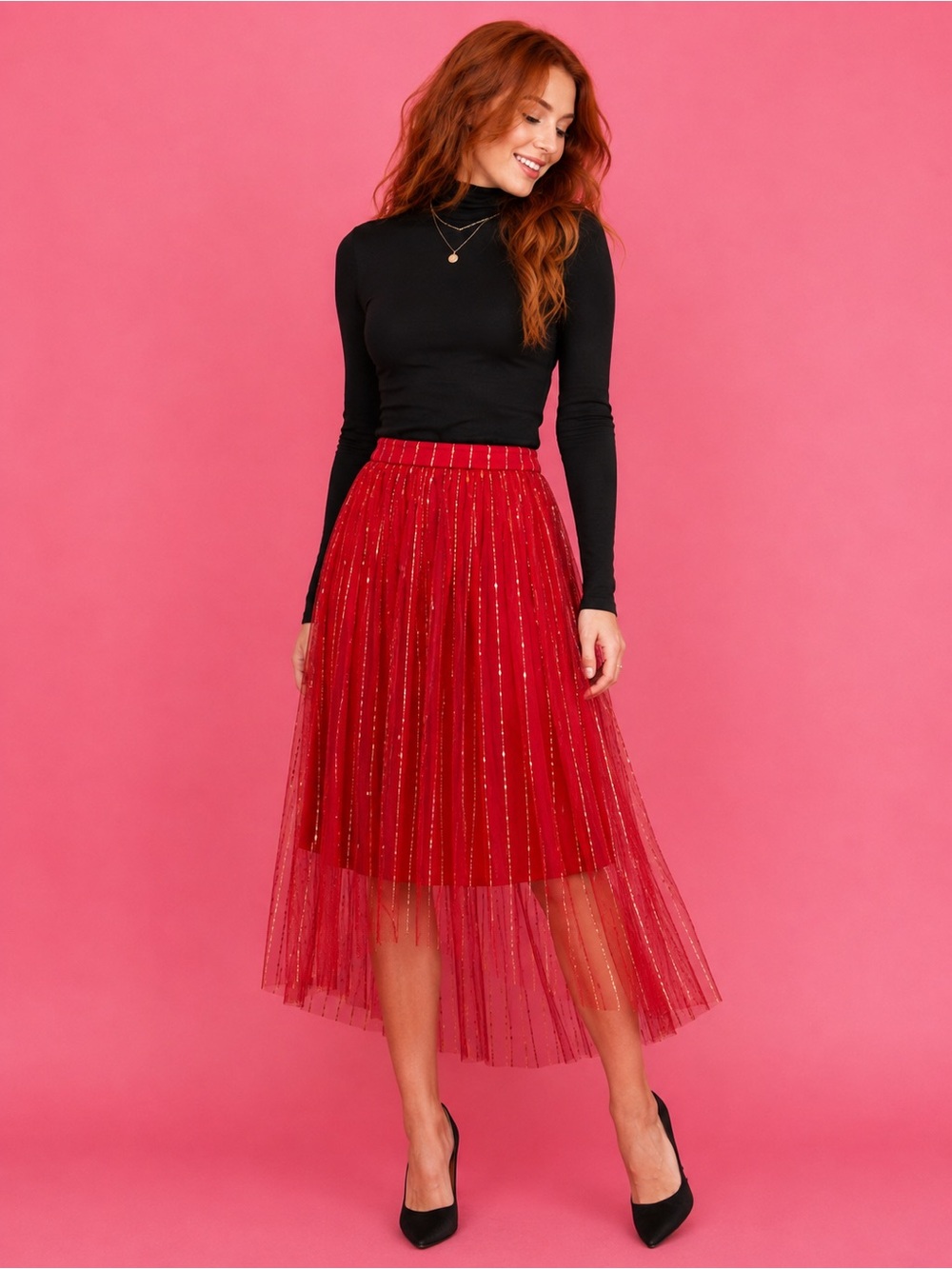 Red High-Low Pleated Tulle Skirt with Gold Accent